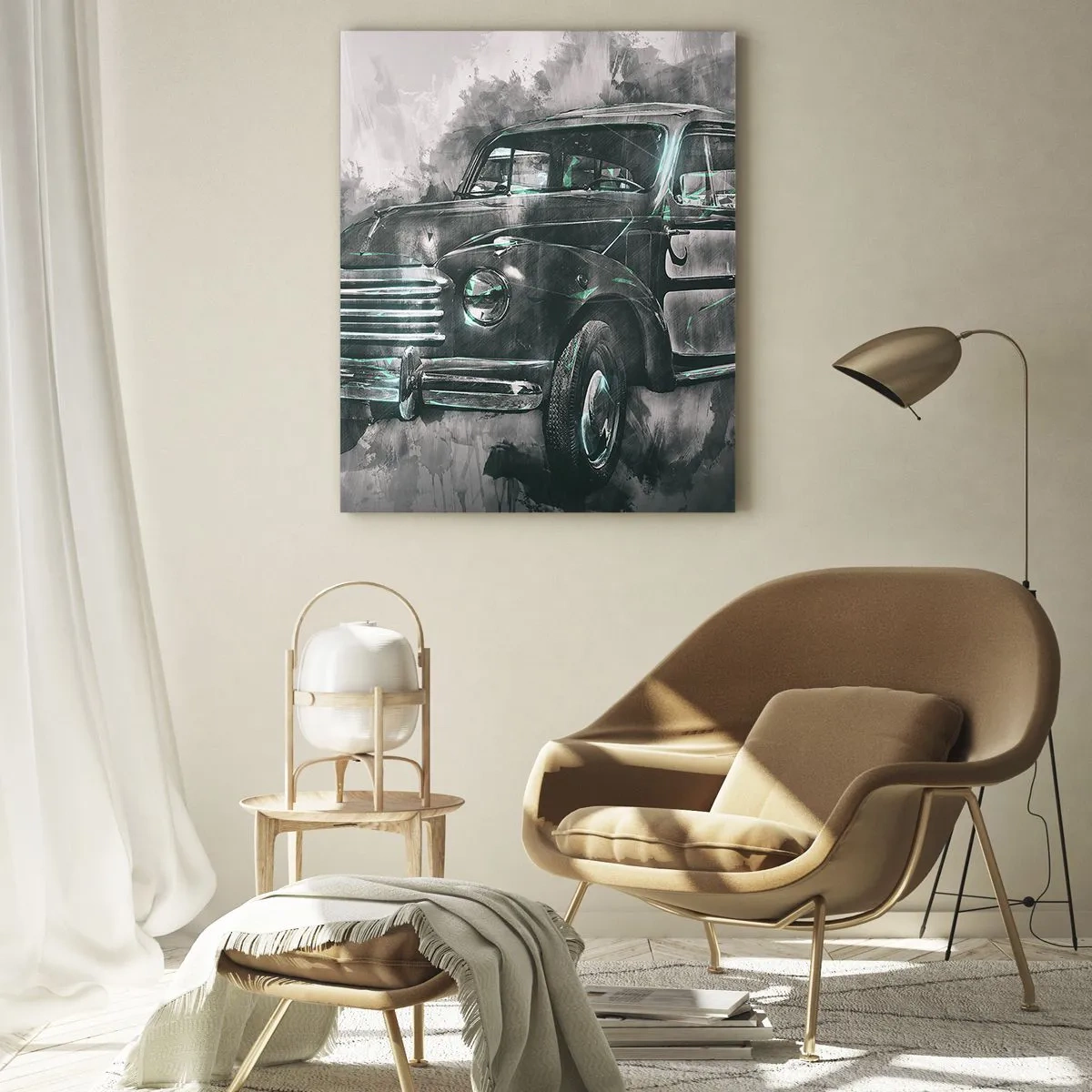 Cuadro sobre vidrio - Impresiones sobre Vidrio - Un coche antiguo en tonos grises y turquesas. - 50x70cm - Antepasado respetable - Decoración de pared moderna para salón y dormitorio ARTTOR