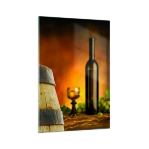 Cuadro sobre vidrio - Impresiones sobre Vidrio - Uvas en un barril de vino con un esquema de colores cálidos en el fondo. - 70x100cm - Bodegón con botella de vino y racimo de uvas - Decoración de pared moderna para salón y dormitorio ARTTOR