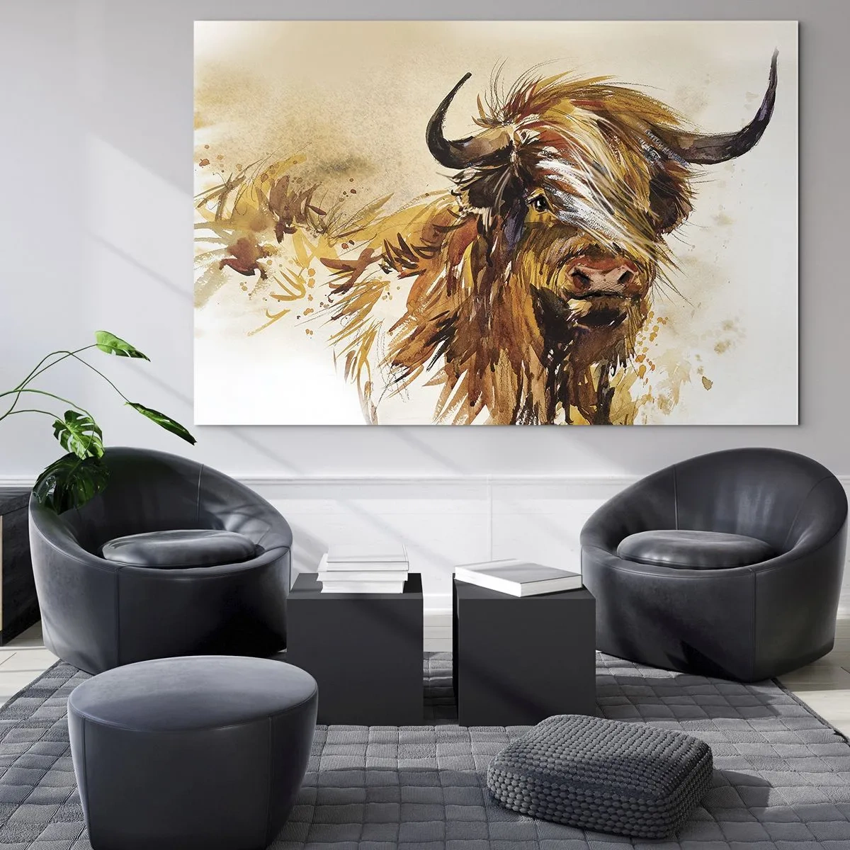 Cuadro sobre vidrio - Impresiones sobre Vidrio - Ilustración en acuarela de un toro escocés de pelo largo - 70x50cm - El orgullo del líder - Decoración de pared moderna para salón y dormitorio ARTTOR