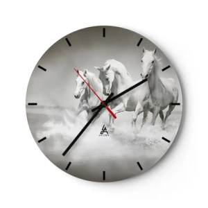 Reloj de pared - Reloj de vidrio - Tres caballos blancos galopando por el agua en un entorno dinámico. - 30x30cm - Locura blanca - Decoración de pared moderna para salón, cocina y dormitorio ARTTOR