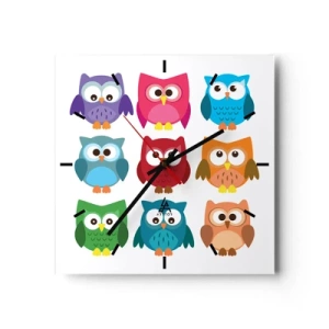 Reloj de pared - Reloj de vidrio - Ilustraciones coloridas de búhos en estilo infantil. - 30x30cm - Es divertido ser diferente - Decoración de pared moderna para salón y dormitorio ARTTOR