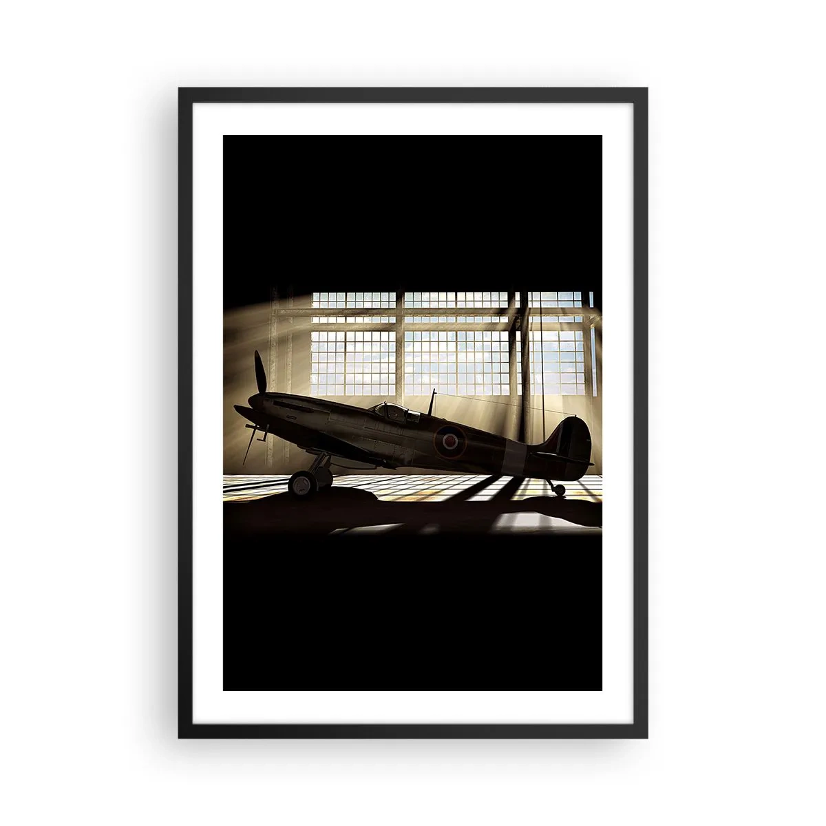 Póster en marco negro - Avión histórico en hangar con rayos de sol - 50x70cm - El descanso del guerrero - Decoración de pared moderna para salón y dormitorio ARTTOR