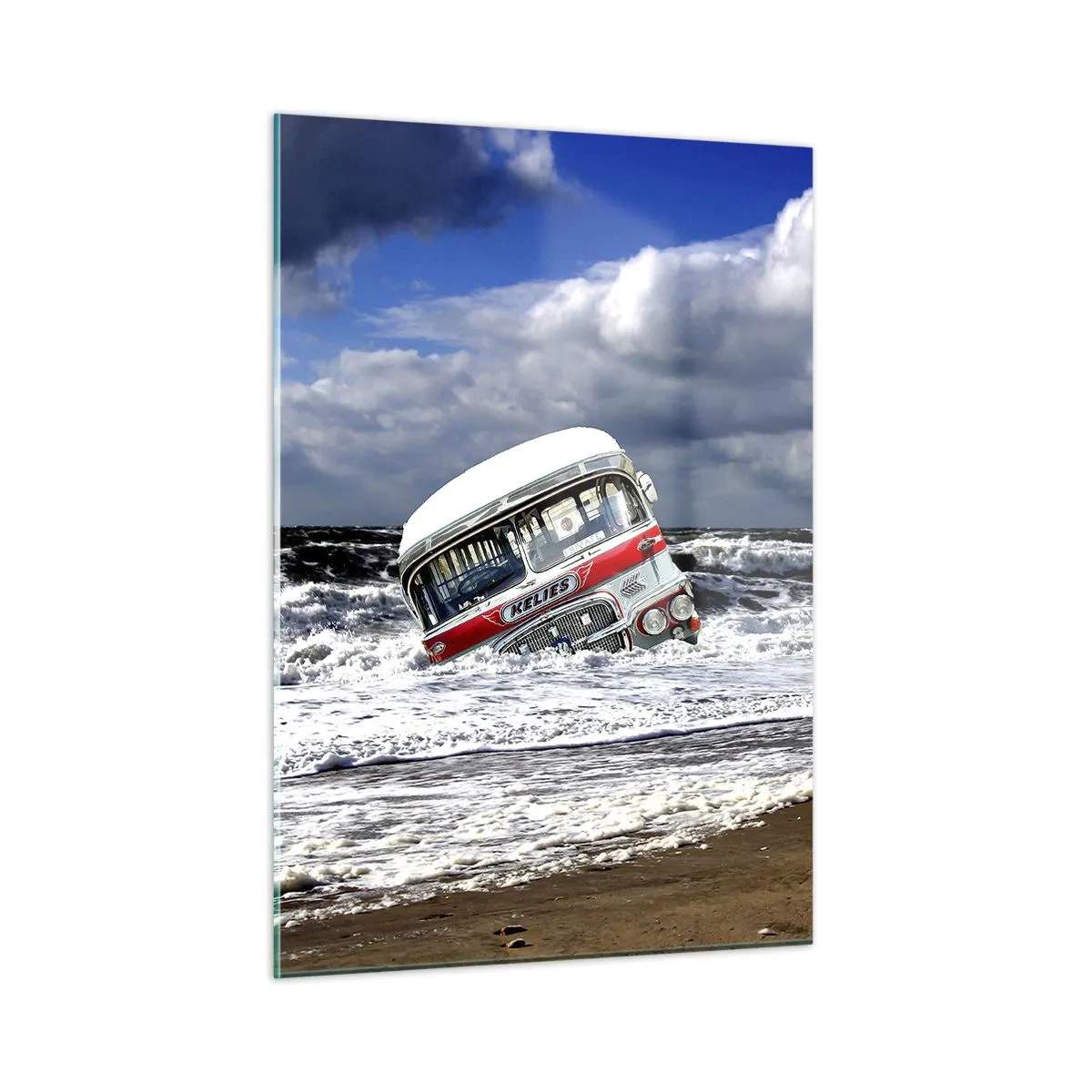 Cuadro sobre vidrio - Impresiones sobre Vidrio - Un viejo autobús en las aguas de un mar tempestuoso - 50x70cm - ¿Y qué te sorprende? - Decoración de pared moderna para salón y dormitorio ARTTOR