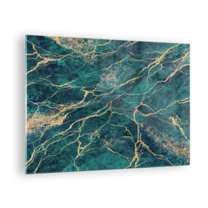 Cuadro sobre vidrio - Impresiones sobre Vidrio - Piedra jaspeada con vetas doradas, tonos verde azulado y verde. - 70x50cm - Riachuelos de oro - Decoración de pared moderna para salón y dormitorio ARTTOR