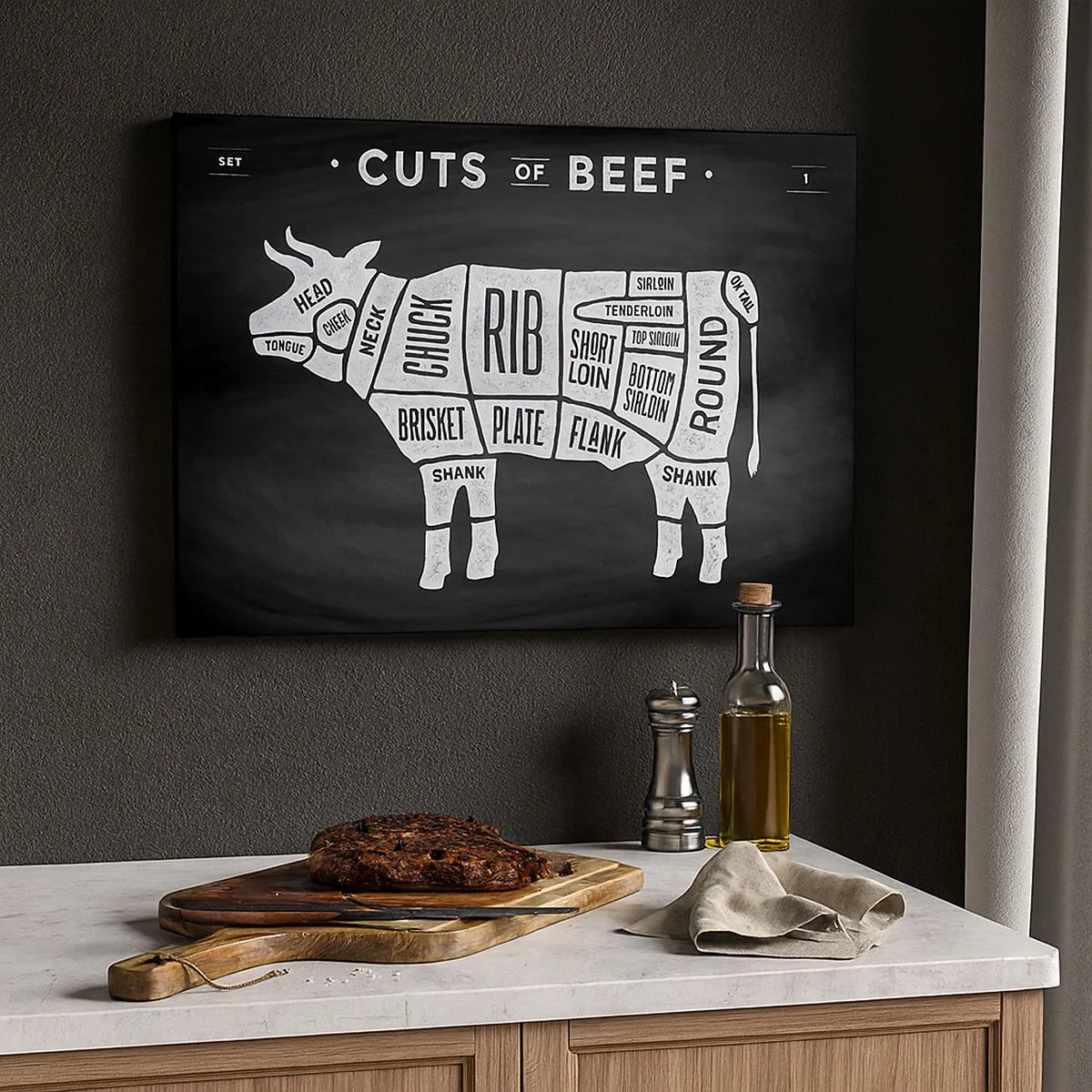 Cuadro sobre lienzo - Impresión de Imagen - Diagrama de cortes de carne de res sobre un fondo negro - 70x50cm - Manual del carnicero - Decoración de pared moderna para salón y dormitorio ARTTOR