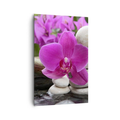 Cuadro sobre lienzo - Impresión de Imagen - Orquídea morada, piedras y bambú con agua en un entorno relajante. - 80x120cm - Ya estás descansando - Decoración de pared moderna para salón y dormitorio ARTTOR