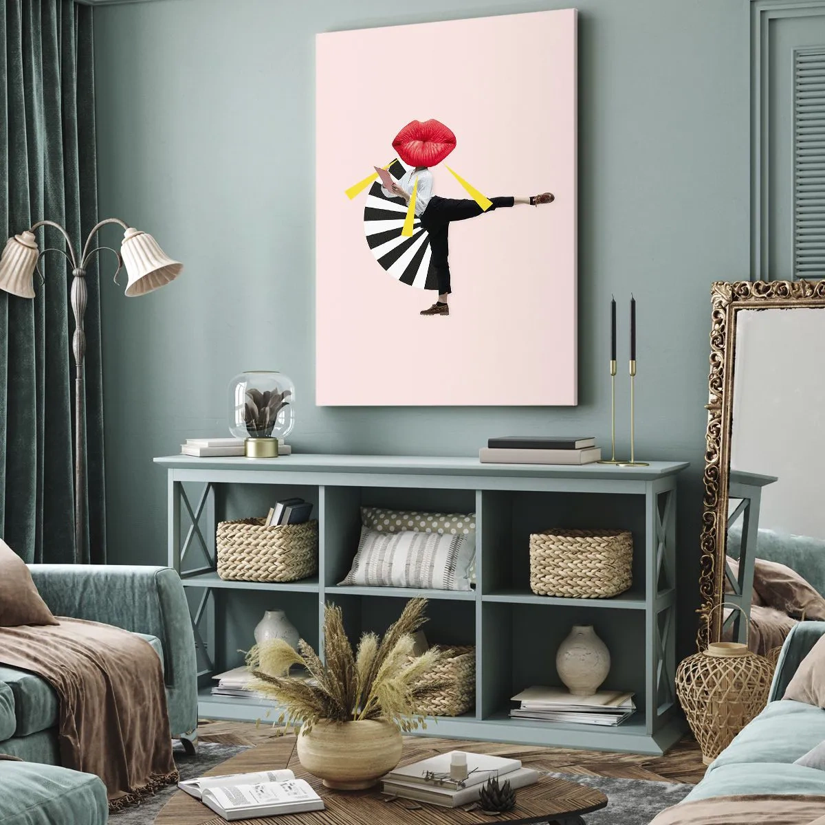 Cuadro sobre lienzo - Impresión de Imagen - Figura surrealista con boca y elementos geométricos. - 50x70cm - Arte pop surrealista - Decoración de pared moderna para salón y dormitorio ARTTOR