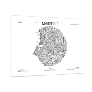 Cuadro sobre vidrio - Impresiones sobre Vidrio - Mapa en blanco y negro de la ciudad de Marsella en estilo moderno - 70x50cm - Anatomía de Marsella - Decoración de pared moderna para salón y dormitorio ARTTOR