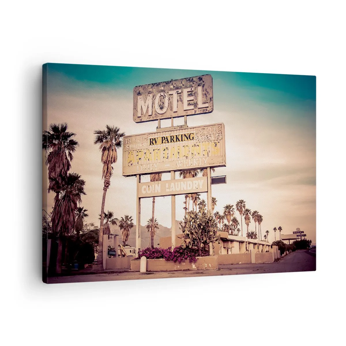 Cuadro sobre lienzo - Impresión de Imagen - Letrero de motel retro rodeado de palmeras - 70x50cm - El tiempo se detuvo - Decoración de pared moderna para salón y dormitorio ARTTOR
