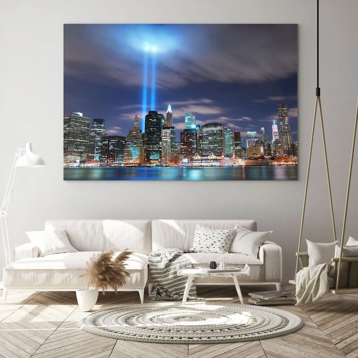 Cuadro sobre vidrio - Impresiones sobre Vidrio - Panorama nocturno de la ciudad con focos. - 70x50cm - Con luz para alcanzar el cielo - Decoración de pared moderna para salón y dormitorio ARTTOR