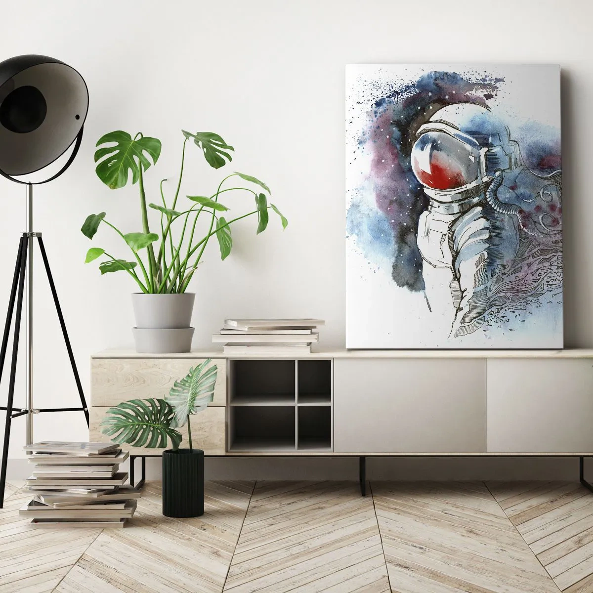 Cuadro sobre lienzo - Impresión de Imagen - Un cosmonauta en una acuarela dinámica con detalles cósmicos. - 50x70cm - A solas con el cosmos - Decoración de pared moderna para salón y dormitorio ARTTOR