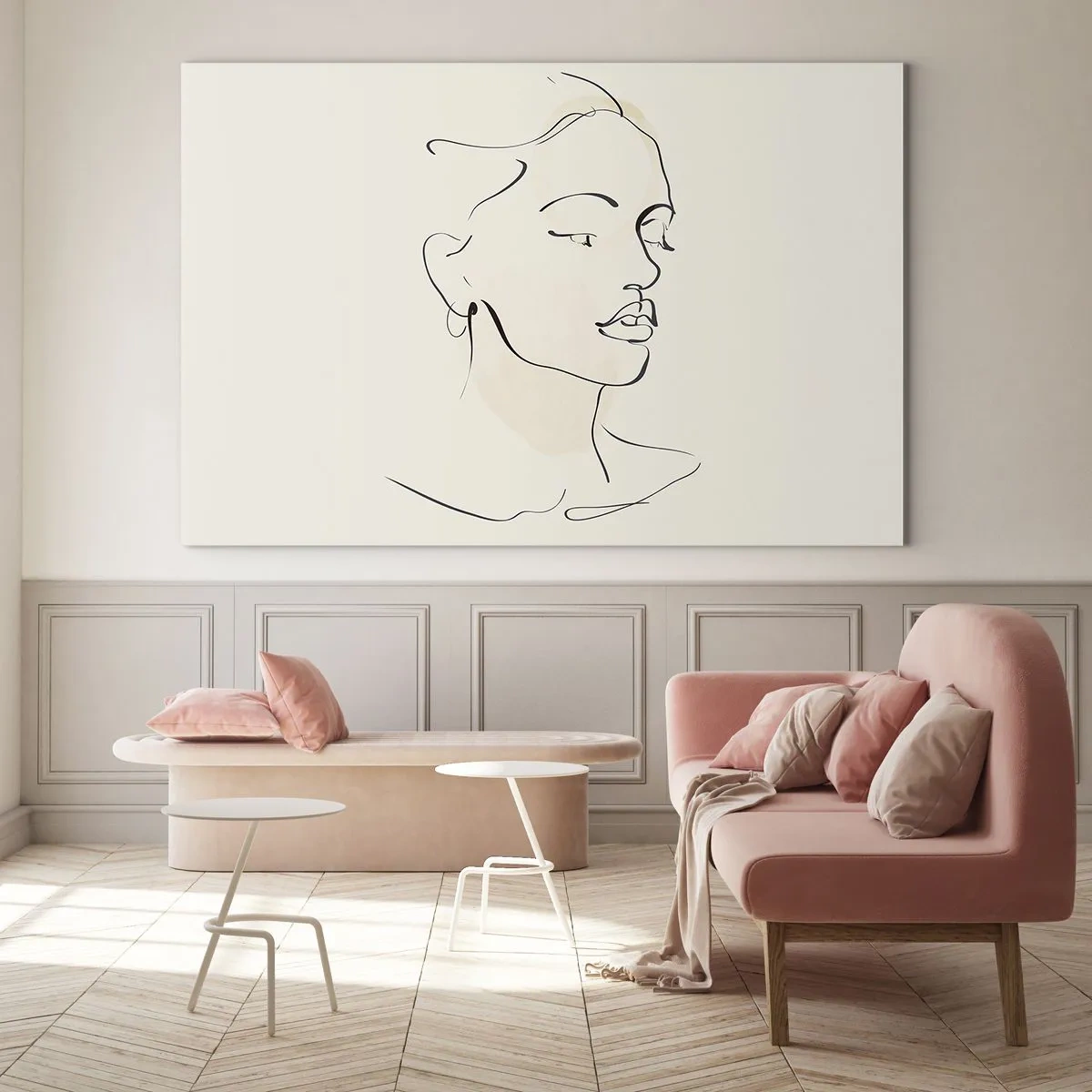 Cuadro sobre vidrio - Impresiones sobre Vidrio - Un retrato lineal femenino sobre un fondo claro con sombras delicadas. - 100x70cm - Líneas que muestran seguridad - Decoración de pared moderna para salón y dormitorio ARTTOR