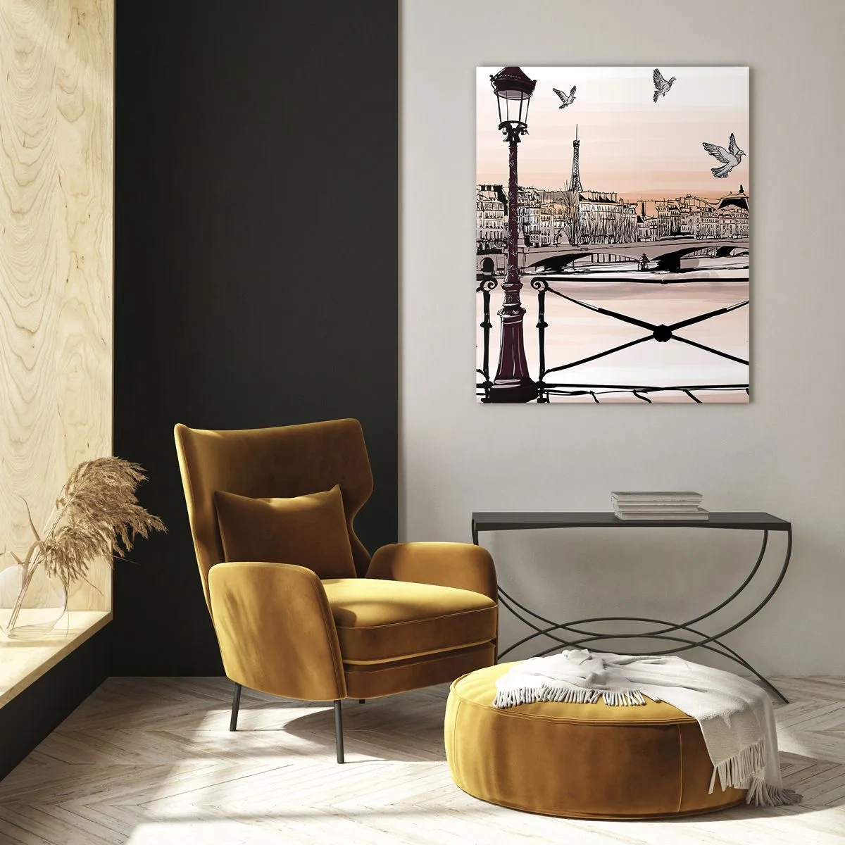 Cuadro sobre vidrio - Impresiones sobre Vidrio - Ilustración de una calle parisina con vista a la Torre Eiffel al amanecer - 50x70cm - Sobre los tejados de París - Decoración de pared moderna para salón y dormitorio ARTTOR
