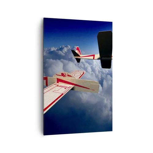 Cuadro sobre lienzo - Impresión de Imagen - Dos aviones de madera volando sobre las nubes contra un cielo azul. - 80x120cm - Más alto, más lejos - Decoración de pared moderna para salón y dormitorio ARTTOR