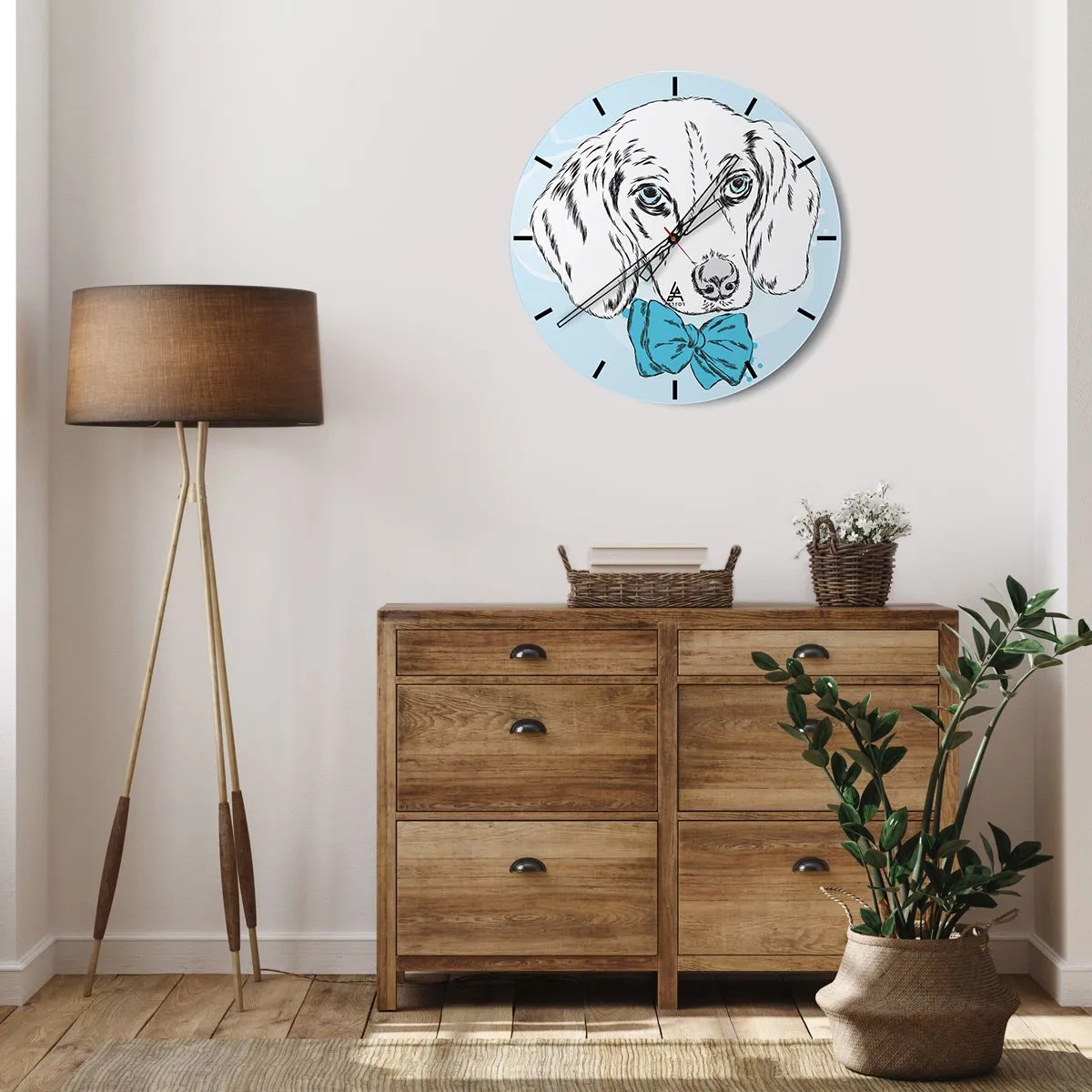 Reloj de pared - Reloj de vidrio - Dibujo artístico de un perro con una pajarita azul sobre un fondo claro. - 30x30cm - Elegancia canina - Decoración de pared moderna para salón, cocina y dormitorio ARTTOR