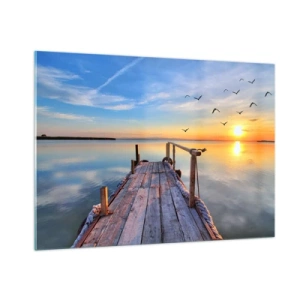 Cuadro sobre vidrio - Impresiones sobre Vidrio - Muelle de madera en el lago al atardecer - 100x70cm - Caminando hacia el sol - Decoración de pared moderna para salón y dormitorio ARTTOR