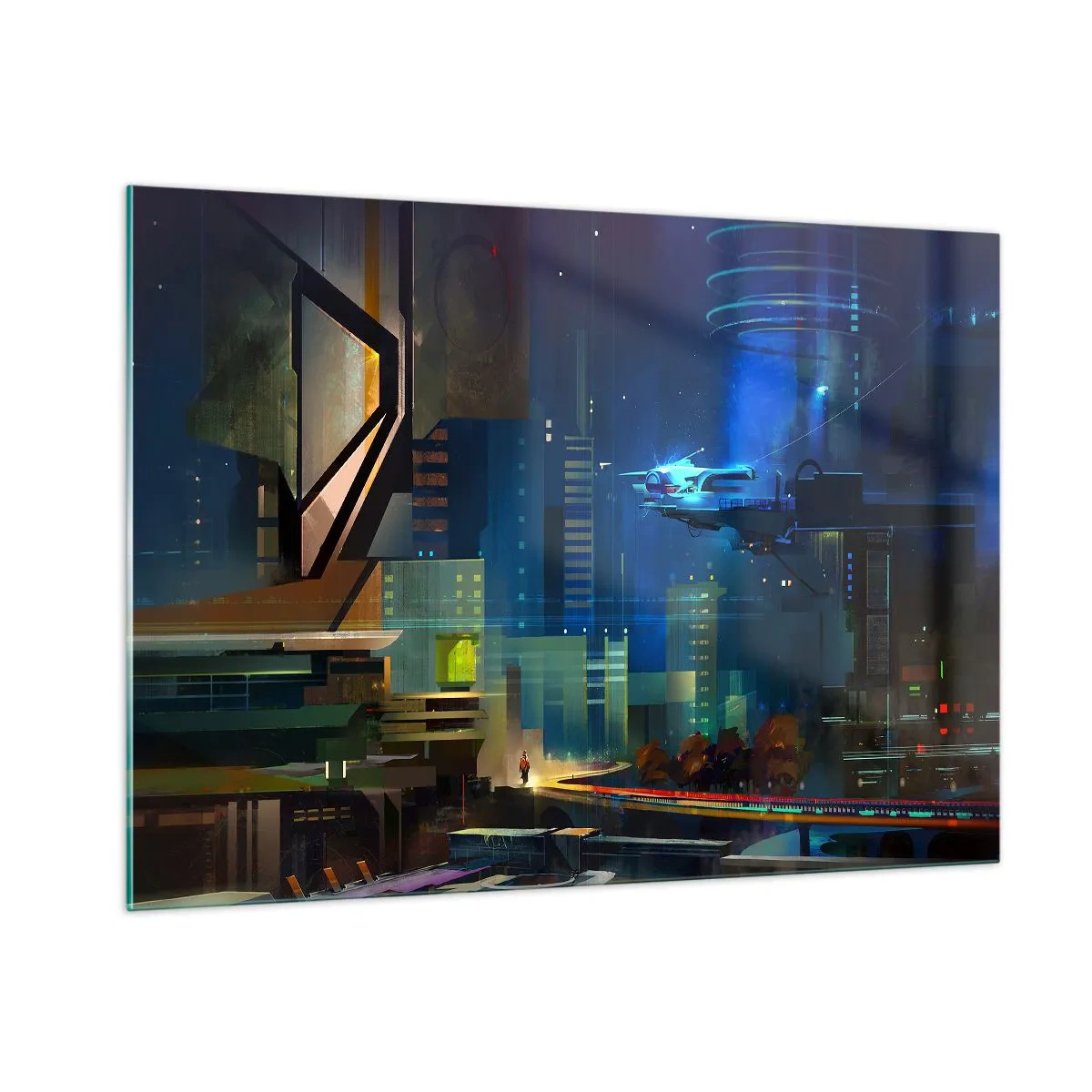 Cuadro sobre vidrio - Impresiones sobre Vidrio - Ciudad futurista de noche con luces de neón y un vehículo volador. - 100x70cm - En un futuro próximo - Decoración de pared moderna para salón y dormitorio ARTTOR