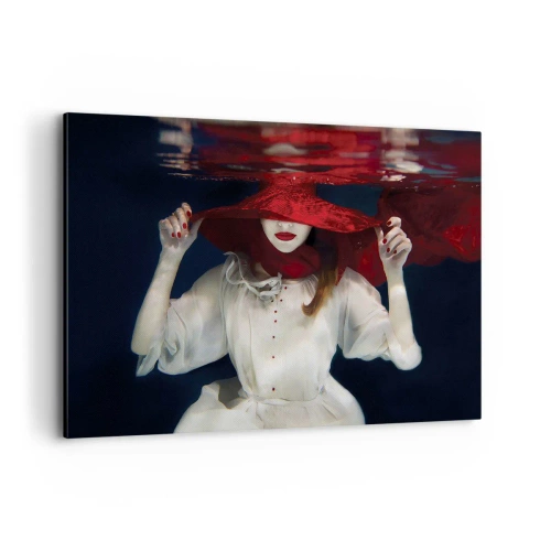 Cuadro sobre lienzo - Impresión de Imagen - Una mujer con un sombrero rojo sumergida en el agua. - 100x70cm - Blanco y rojo - Decoración de pared moderna para salón y dormitorio ARTTOR