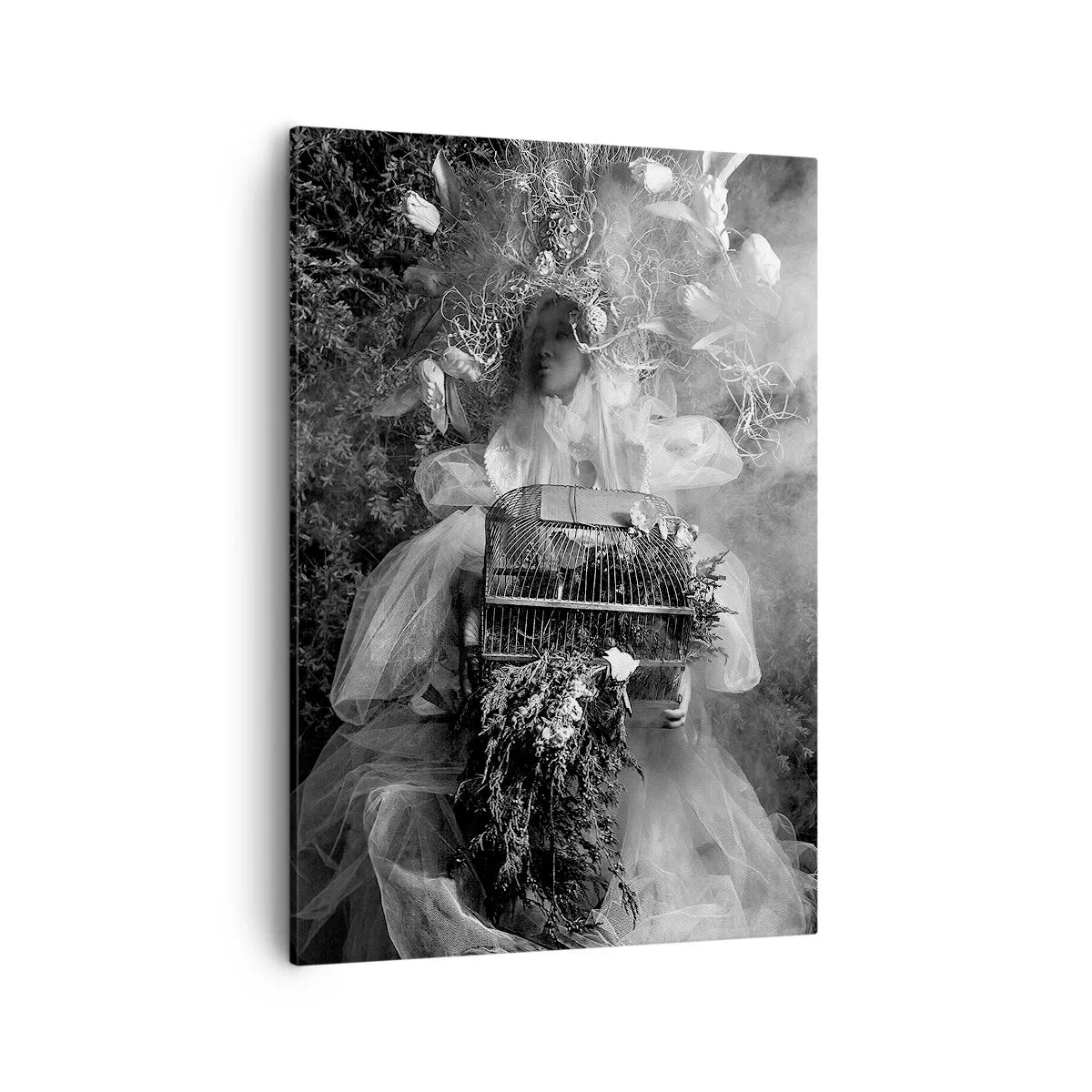 Cuadro sobre lienzo - Impresión de Imagen - Una composición en blanco y negro con una figura con un vestido y una jaula en la niebla. - 50x70cm - La madre misma - La naturaleza - Decoración de pared moderna para salón y dormitorio ARTTOR