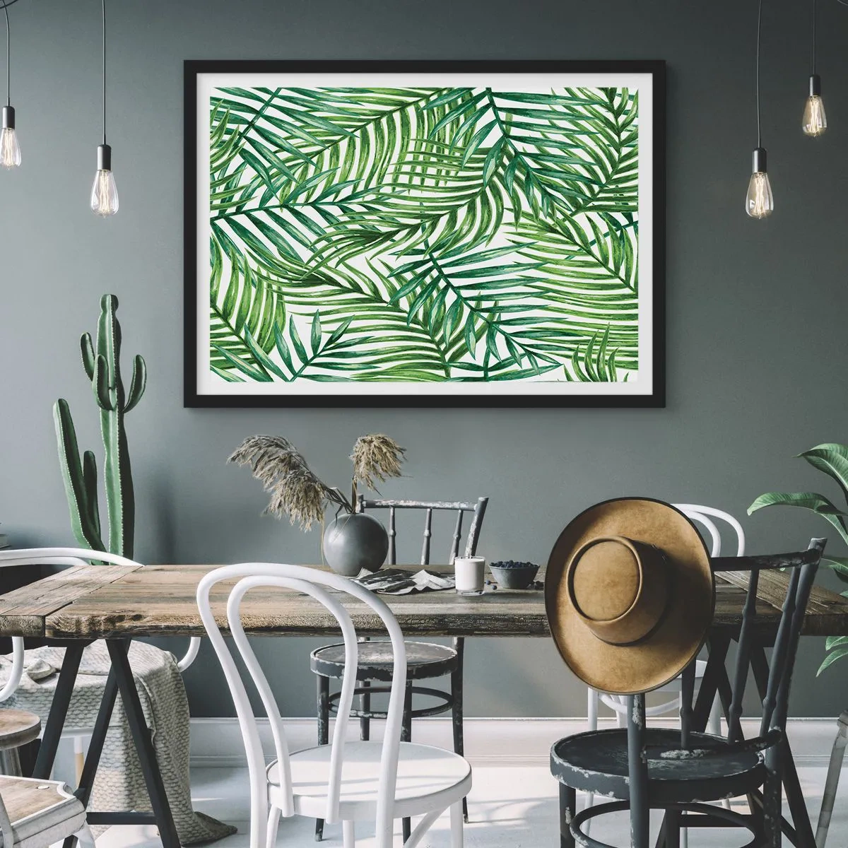 Póster en marco negro - Hojas de palmera tropical verde sobre un fondo claro - 100x70cm - Bajo el verde - Decoración de pared moderna para salón y dormitorio ARTTOR