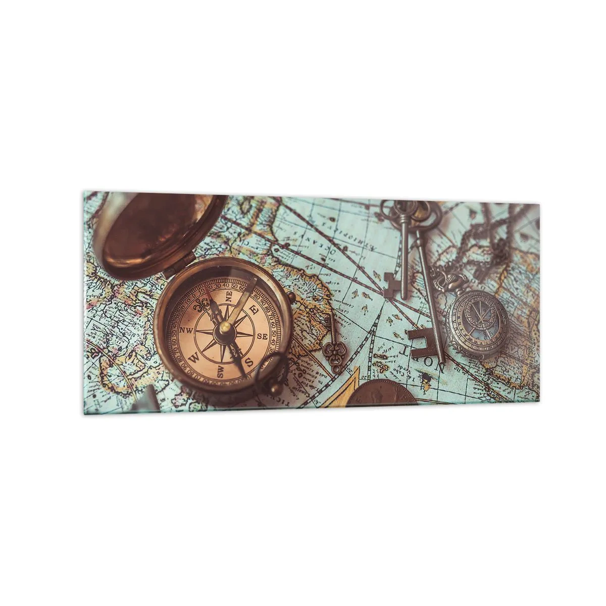 Cuadro sobre vidrio - Impresiones sobre Vidrio - Composición con brújula, llaves y un mapa antiguo en estilo retro - 120x50cm - Para el aventurero - Decoración de pared moderna para salón y dormitorio ARTTOR
