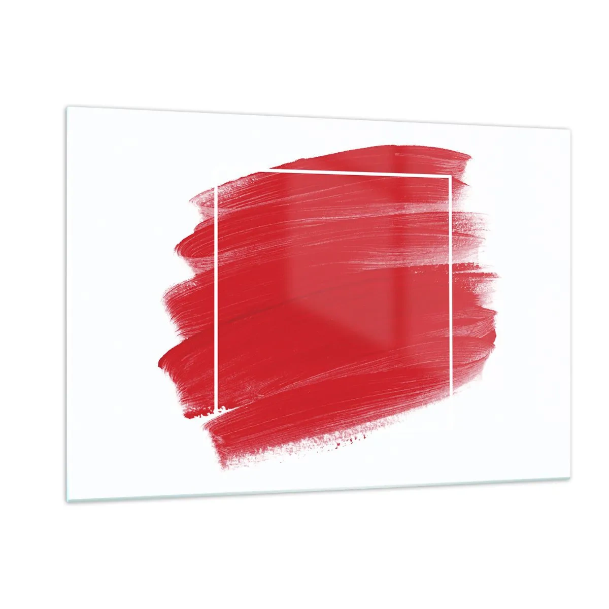 Cuadro sobre vidrio - Impresiones sobre Vidrio - Mancha roja abstracta con un marco blanco - 120x80cm - Fuera del marco - Decoración de pared moderna para salón y dormitorio ARTTOR