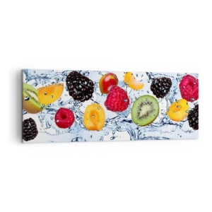 Cuadro sobre lienzo - Impresión de Imagen - Frutas coloridas sumergidas en salpicaduras de agua sobre un fondo blanco - 140x50cm - Juega con nosotros - Decoración de pared moderna para salón y dormitorio ARTTOR