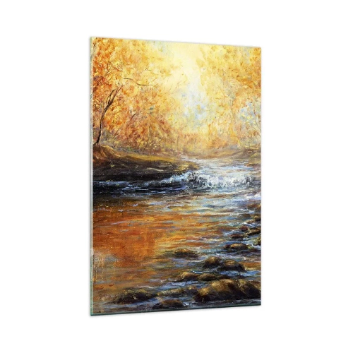 Cuadro sobre vidrio - Impresiones sobre Vidrio - Paisaje otoñal con un río entre los árboles. - 80x120cm - Arroyo de oro - Decoración de pared moderna para salón y dormitorio ARTTOR