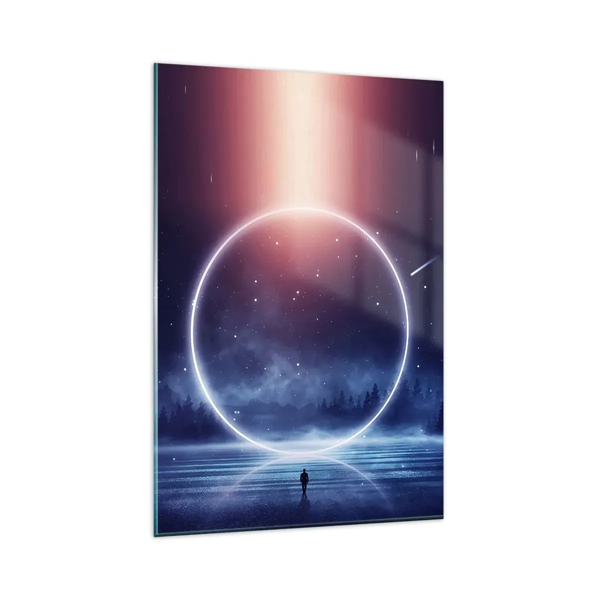 Cuadro sobre vidrio - Impresiones sobre Vidrio - Un paisaje mágico con una figura y un círculo de luz por la noche. - 80x120cm - Ya están aquí... - Decoración de pared moderna para salón y dormitorio ARTTOR