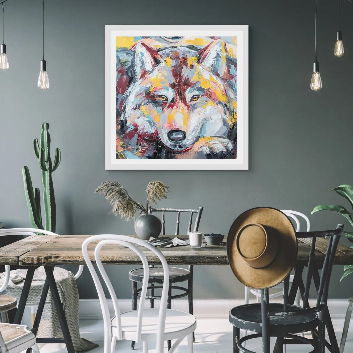 Póster en marco blanco - Pinceladas de lobo - 60x60 cm