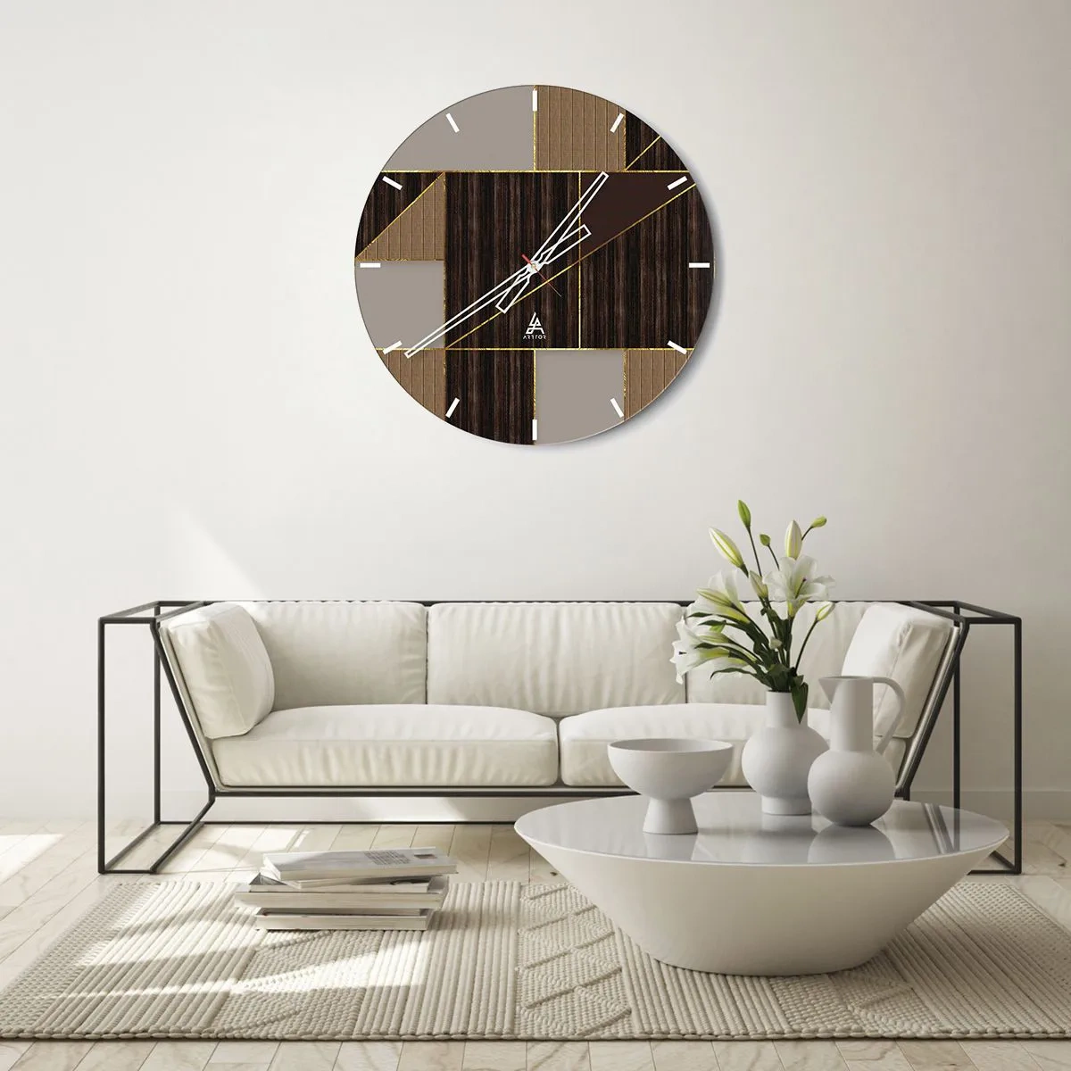 Reloj de pared - Reloj de vidrio - Mosaico moderno con líneas marrones, beige y doradas. - 30x30cm - Un mosaico de marrones y dorados - Decoración de pared moderna para salón, cocina y dormitorio ARTTOR