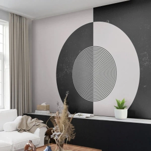 Fotomural Premium Sand - Abstracción geométrica en blanco y negro con círculos. - 100x70cm - Armonía en blanco y negro - Decoración de pared moderna para salón y dormitorio ARTTOR
