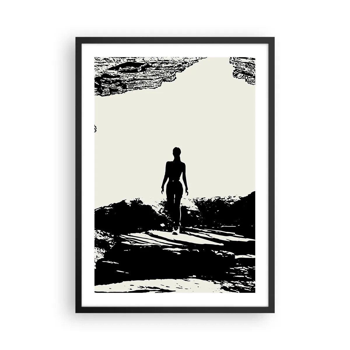 Póster en marco negro - Silueta de una mujer emergiendo de una cueva en un estilo contrastante. - 50x70cm - Una nueva mirada - Decoración de pared moderna para salón y dormitorio ARTTOR