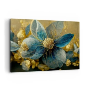 Cuadro sobre lienzo - Impresión de Imagen - Elegantes flores en tonos azules y dorados. - 120x80cm - Flor de oro - Decoración de pared moderna para salón y dormitorio ARTTOR