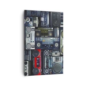 Cuadro sobre lienzo - Impresión de Imagen - Un collage de grabadoras retro y altavoces vintage. - 80x120cm - Nostalgia de los 80. - Decoración de pared moderna para salón y dormitorio ARTTOR