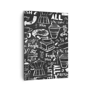 Cuadro sobre lienzo - Impresión de Imagen - Gráficos de café elegantes sobre un fondo negro. - 50x70cm - All you need is… - Decoración de pared moderna para salón y dormitorio ARTTOR