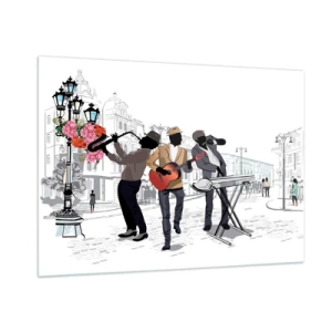 Cuadro sobre vidrio - Impresiones sobre Vidrio - Una banda de jazz tocando en la calle. - 100x70cm - Música de la calle - Decoración de pared moderna para salón y dormitorio ARTTOR