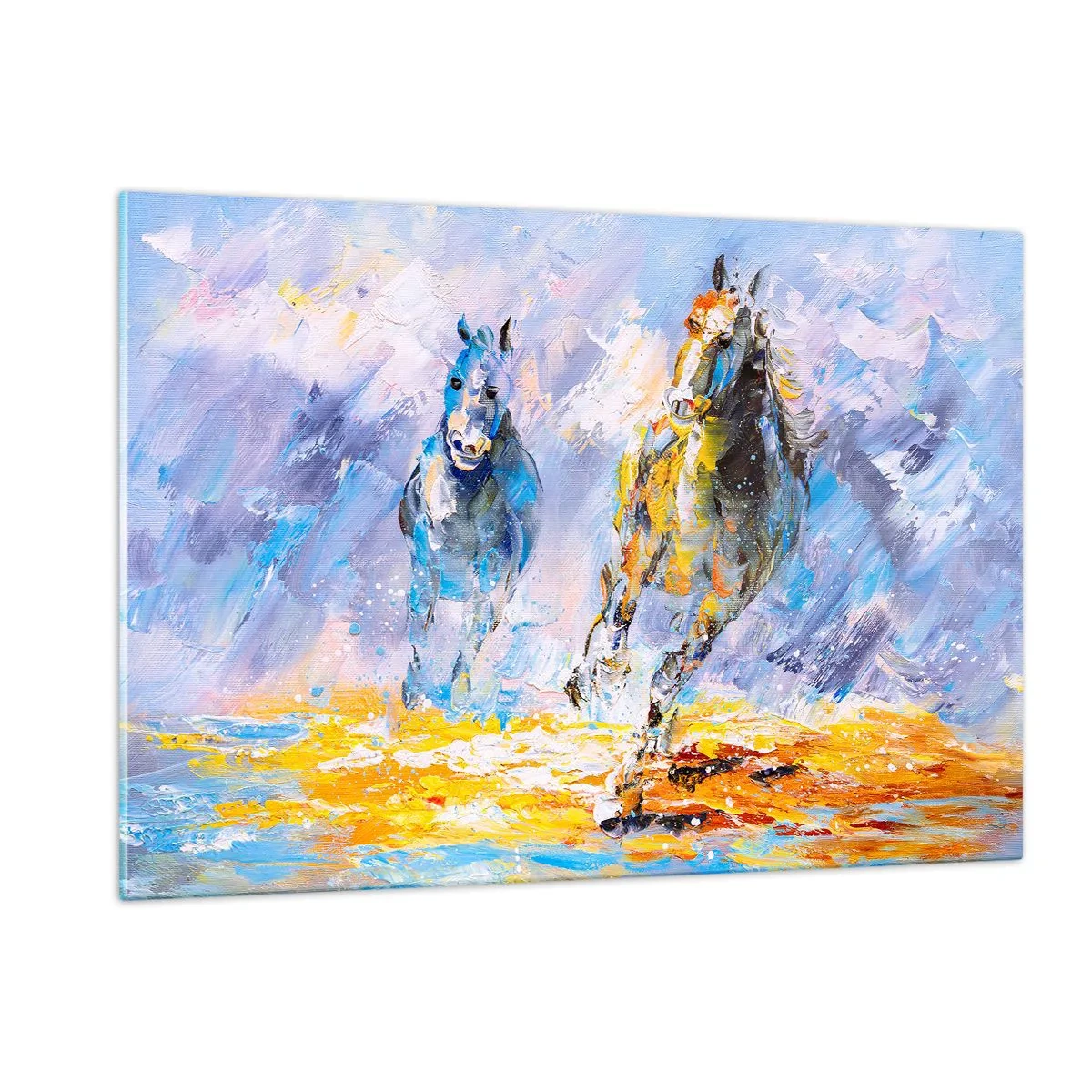 Cuadro sobre vidrio - Impresiones sobre Vidrio - Dos caballos galopando a través del agua en un estilo artístico. - 120x80cm - Galopando a través del resplandor - Decoración de pared moderna para salón y dormitorio ARTTOR