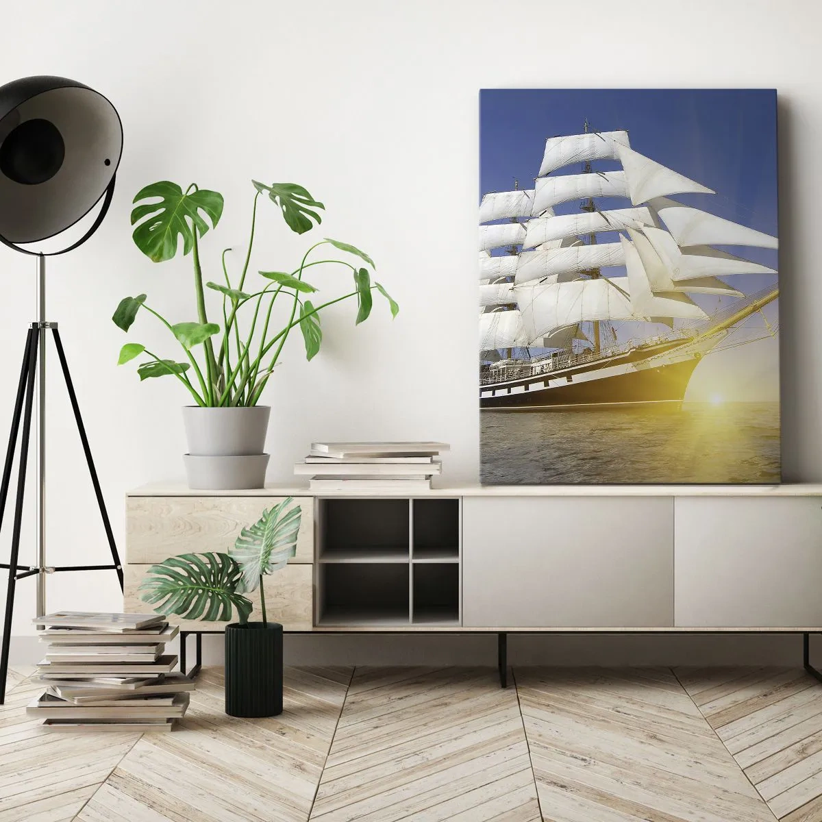 Cuadro sobre lienzo - Impresión de Imagen - Un velero en el mar a la luz del sol poniente. - 80x120cm - Su tiempo nunca pasará - Decoración de pared moderna para salón y dormitorio ARTTOR