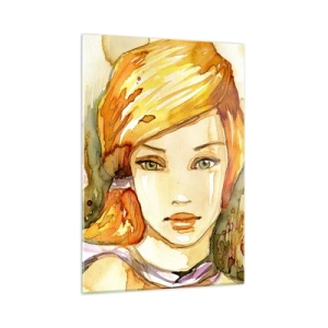 Cuadro sobre vidrio - Impresiones sobre Vidrio - Retrato de una mujer en estilo acuarela con abstracción. - 50x70cm - Una mirada que calma el alma - Decoración de pared moderna para salón y dormitorio ARTTOR
