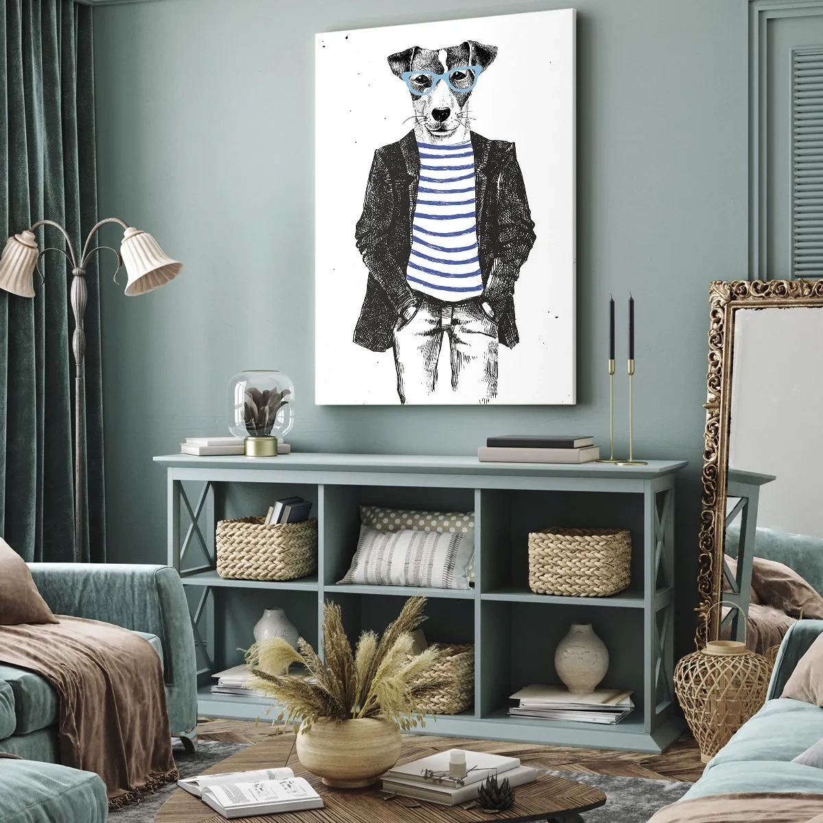 Cuadro sobre lienzo - Impresión de Imagen - Retrato de un perro con gafas y camisa de marinero en estilo humorístico. - 50x70cm - El encanto del perro - Decoración de pared moderna para salón y dormitorio ARTTOR