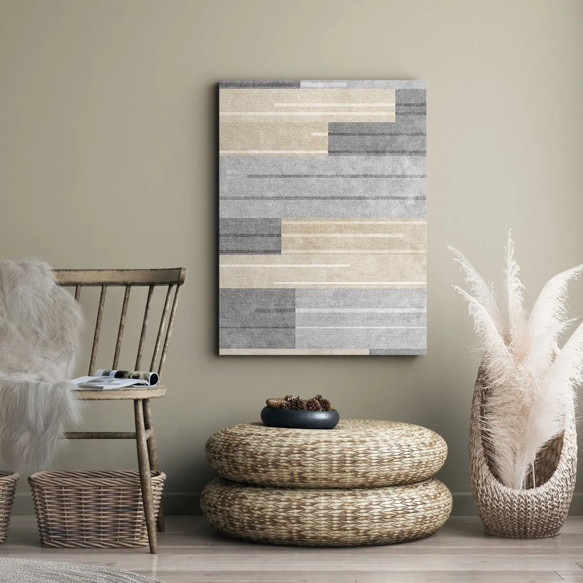 Cuadro sobre lienzo - Impresión de Imagen - Composición geométrica en tonos grises y beige. - 70x100cm - Composición: sostener la vertical - Decoración de pared moderna para salón y dormitorio ARTTOR