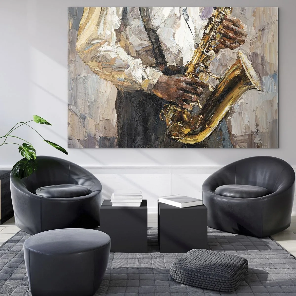 Cuadro sobre vidrio - Impresiones sobre Vidrio - Un músico tocando el saxofón pintado con la técnica del empaste. - 100x70cm - Llegó el momento del solo - Decoración de pared moderna para salón y dormitorio ARTTOR