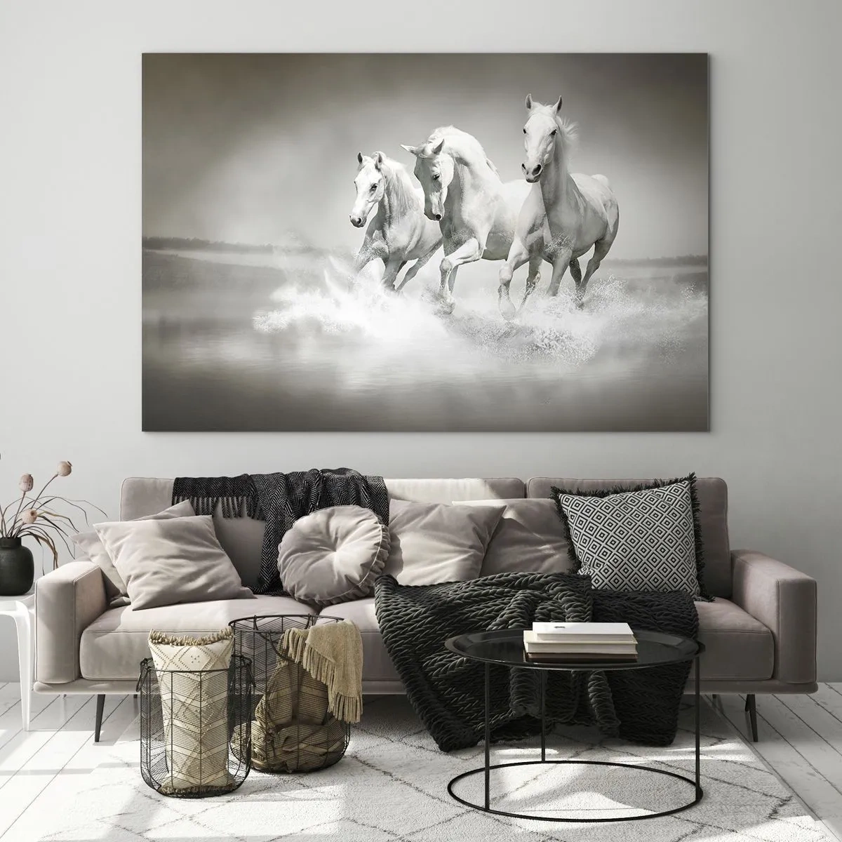 Cuadro sobre vidrio - Impresiones sobre Vidrio - Tres caballos blancos galopando por el agua - 100x70cm - Locura blanca - Decoración de pared moderna para salón y dormitorio ARTTOR