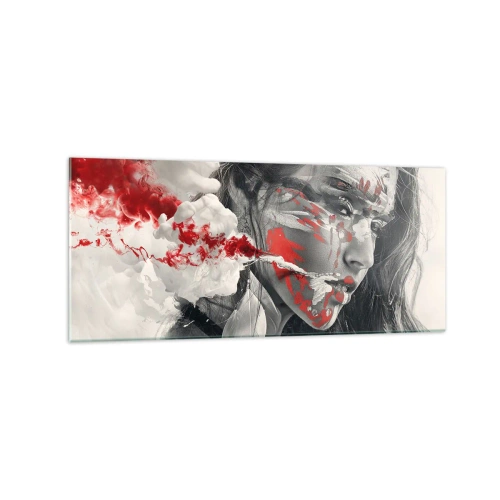 Cuadro sobre vidrio - Impresiones sobre Vidrio - Retrato artístico de una mujer con acentos rojos abstractos. - 120x50cm - En los humos del absurdo - Decoración de pared moderna para salón y dormitorio ARTTOR