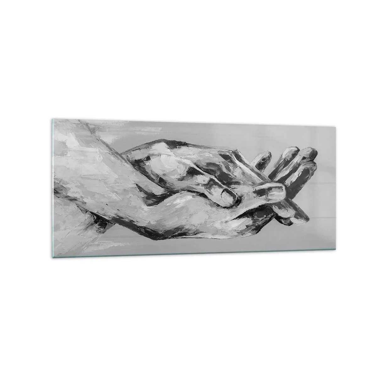 Cuadro sobre vidrio - Impresiones sobre Vidrio - Una composición en blanco y negro de dos manos entrelazadas sobre un fondo claro. - 120x50cm - El comienzo... - Decoración de pared moderna para salón y dormitorio ARTTOR