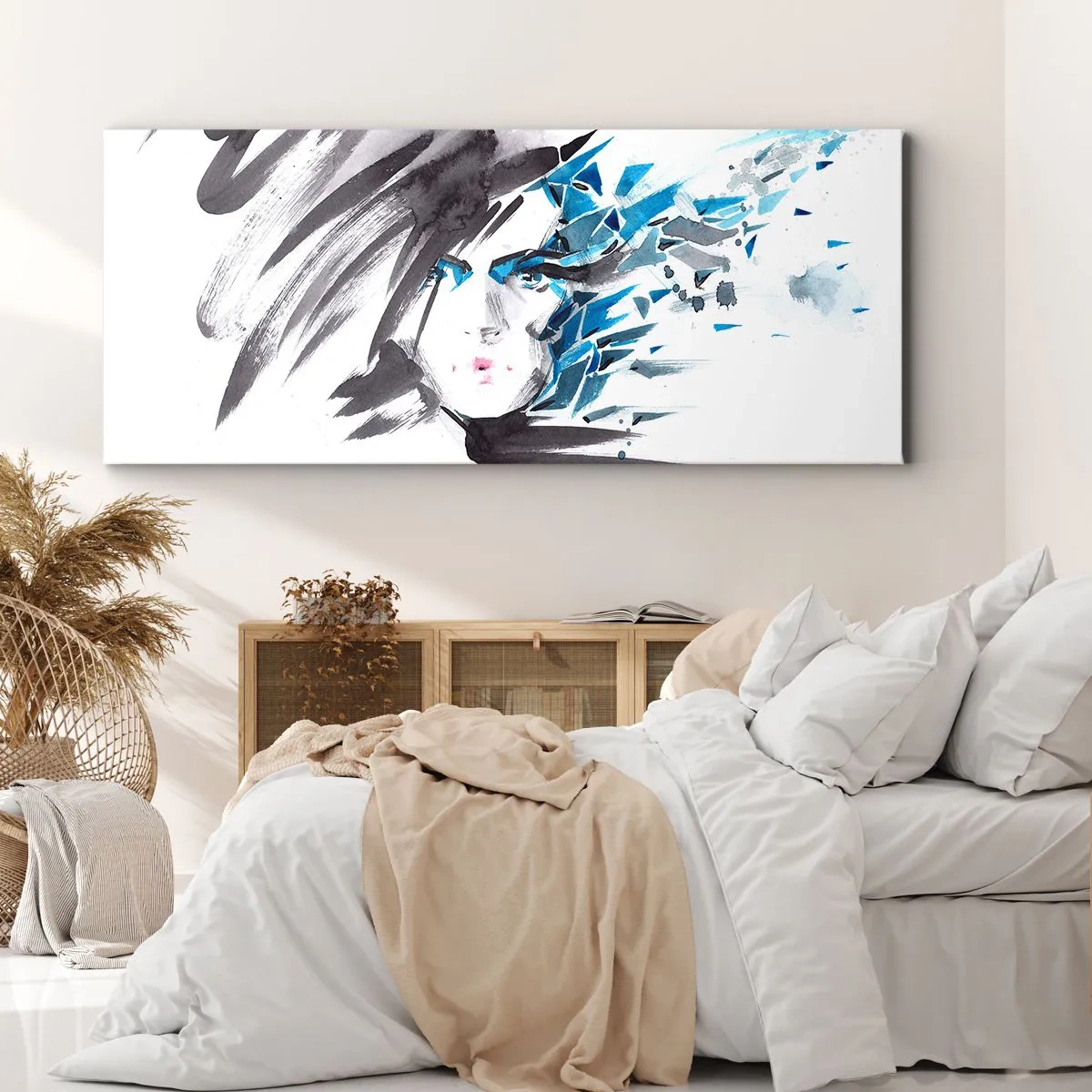 Cuadro sobre lienzo - Impresión de Imagen - Pintura facial artística de acuarela con acentos azules. - 140x50cm - Un sensual retrato en gris y azul - Decoración de pared moderna para salón y dormitorio ARTTOR