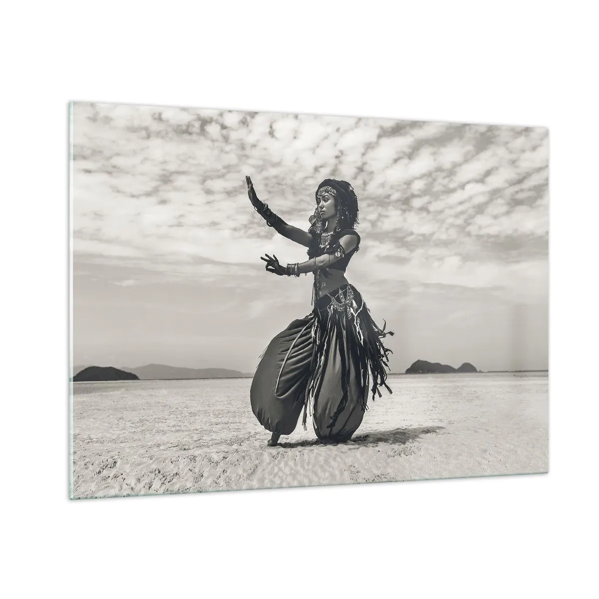 Cuadro sobre vidrio - Impresiones sobre Vidrio - Fotografía en blanco y negro de una bailarina en el desierto. - 100x70cm - Danza de las Islas del Sur - Decoración de pared moderna para salón y dormitorio ARTTOR