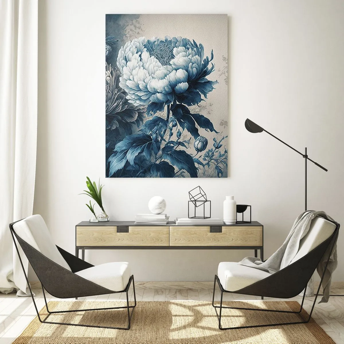 Cuadro sobre vidrio - Impresiones sobre Vidrio - Peonías azules sobre un fondo sutil con un patrón delicado. - 70x100cm - Una pareja unida - Decoración de pared moderna para salón y dormitorio ARTTOR
