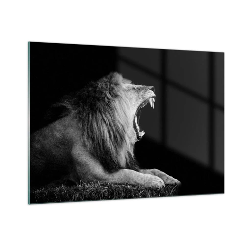 Cuadro sobre vidrio - Impresiones sobre Vidrio - Retrato en blanco y negro de un león rugiendo contra una sombra. - 100x70cm - Sin duda alguna - Decoración de pared moderna para salón y dormitorio ARTTOR